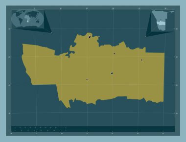 Hardap, Namibya bölgesi. Katı renk şekli. Bölgenin büyük şehirlerinin yerleri. Köşedeki yedek konum haritaları