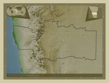 Hardap, Namibya bölgesi. Yükseklik haritası göller ve nehirlerle wiki tarzında renklendirilmiş. Bölgenin büyük şehirlerinin yerleri. Köşedeki yedek konum haritaları