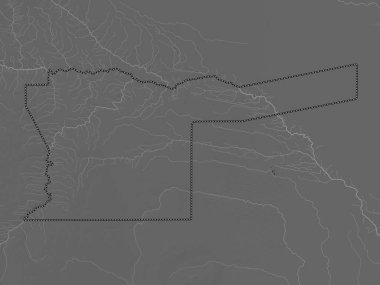 Kavango Doğu, Namibya bölgesi. Gölleri ve nehirleri olan gri tonlama yükseklik haritası