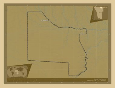 Kavango Batı, Namibya bölgesi. Gölleri ve nehirleri olan renkli yükseklik haritası. Bölgenin büyük şehirlerinin yerleri ve isimleri. Köşedeki yedek konum haritaları