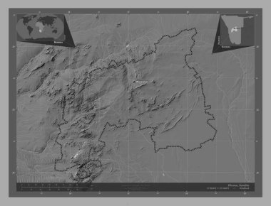 Khomas, Namibya bölgesi. Göllü ve nehirli çift katlı yükseklik haritası. Bölgenin büyük şehirlerinin yerleri ve isimleri. Köşedeki yedek konum haritaları