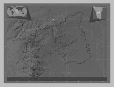 Khomas, Namibya bölgesi. Gölleri ve nehirleri olan gri tonlama yükseklik haritası. Bölgenin büyük şehirlerinin yerleri. Köşedeki yedek konum haritaları