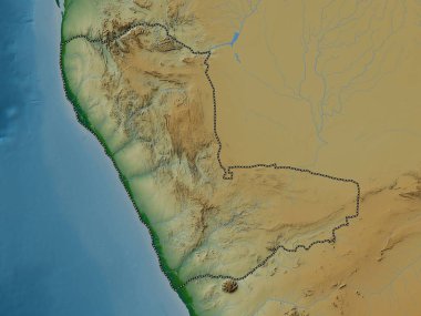 Kunene, Namibya bölgesi. Gölleri ve nehirleri olan renkli yükseklik haritası