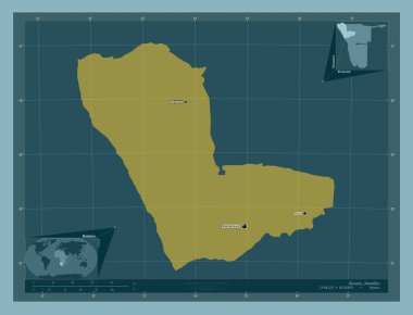 Kunene, Namibya bölgesi. Katı renk şekli. Bölgenin büyük şehirlerinin yerleri ve isimleri. Köşedeki yedek konum haritaları