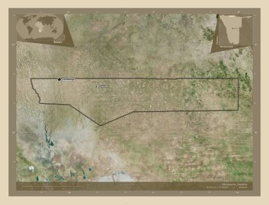 Ohangwena, Namibya bölgesi. Yüksek çözünürlüklü uydu. Bölgenin büyük şehirlerinin yerleri ve isimleri. Köşedeki yedek konum haritaları