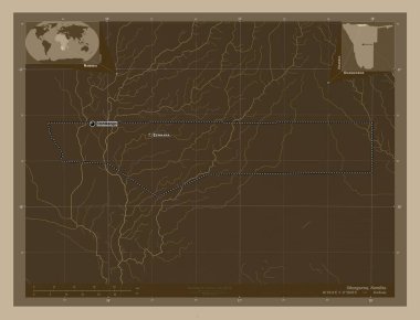 Ohangwena, Namibya bölgesi. Yükseklik haritası sepya tonlarında göller ve nehirlerle renklendirilmiş. Bölgenin büyük şehirlerinin yerleri ve isimleri. Köşedeki yedek konum haritaları