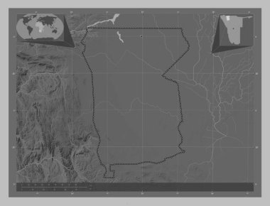 Omusati, Namibya bölgesi. Gölleri ve nehirleri olan gri tonlama yükseklik haritası. Köşedeki yedek konum haritaları