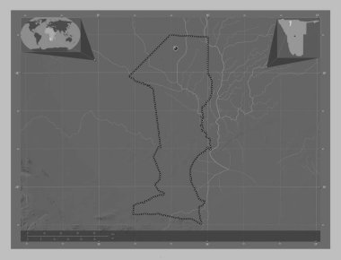 Oshana, Namibya bölgesi. Gölleri ve nehirleri olan gri tonlama yükseklik haritası. Köşedeki yedek konum haritaları