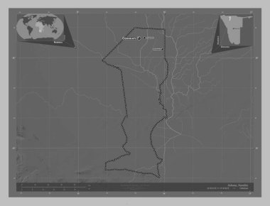 Oshana, Namibya bölgesi. Gölleri ve nehirleri olan gri tonlama yükseklik haritası. Bölgenin büyük şehirlerinin yerleri ve isimleri. Köşedeki yedek konum haritaları
