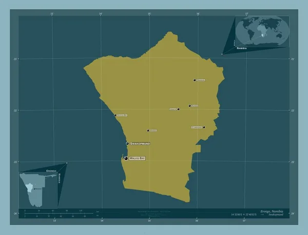 エロンゴ ナミビアの地域 しっかりした色の形 地域の主要都市の位置と名前 コーナー補助位置図 — ストック写真