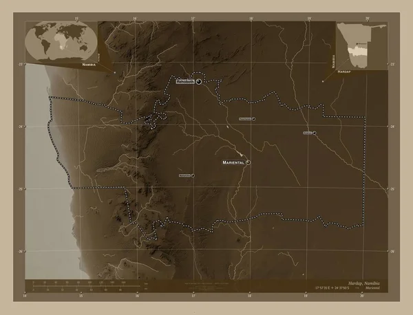 Хардап Регион Намибии Карта Высоты Окрашенная Сепиевые Тона Озерами Реками — стоковое фото