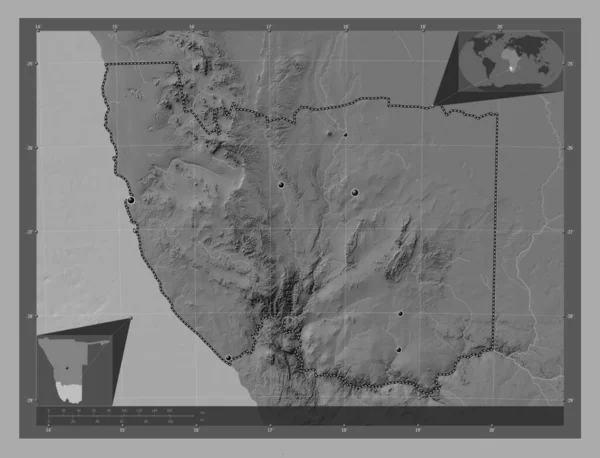 Karas Namíbia Régiója Kétszintes Domborzati Térkép Tavakkal Folyókkal Régió Nagyvárosainak — Stock Fotó