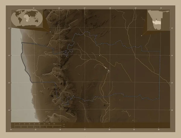 Hardap Περιφέρεια Ναμίμπια Υψόμετρο Χάρτη Χρωματισμένο Τόνους Σέπια Λίμνες Και — Φωτογραφία Αρχείου