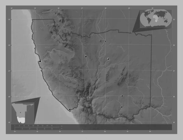 Karas Region Namibia Grayscale Elevation Map Lakes Rivers Locations Major — Stock Photo, Image