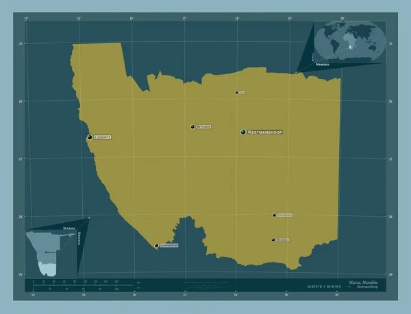 カラス ナミビアの地域 しっかりした色の形 地域の主要都市の位置と名前 コーナー補助位置図 — ストック写真