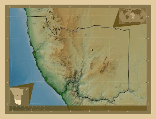 Karas Namíbia Régiója Színes Domborzati Térkép Tavakkal Folyókkal Saroktérképek Kiegészítő — Stock Fotó