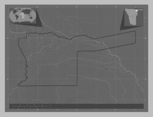 Kavango East Region Namibia Grayscale Elevation Map Lakes Rivers Locations — Stock Photo, Image