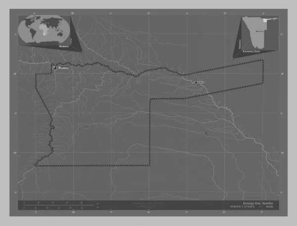 卡万戈东部 纳米比亚地区 带有湖泊和河流的灰度高程图 该区域主要城市的地点和名称 角辅助位置图 — 图库照片