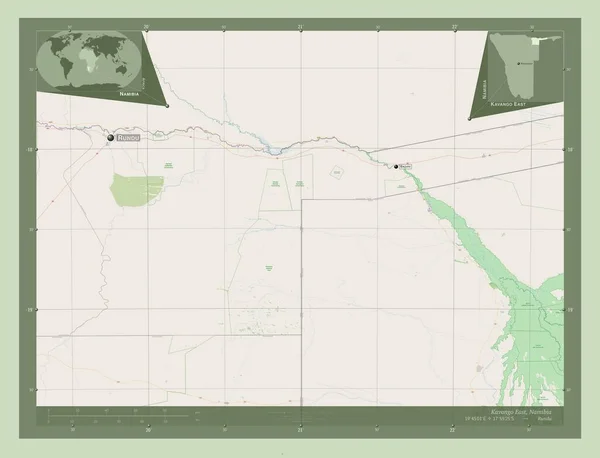 カバンゴ東部 ナミビアの地域 ストリートマップを開く 地域の主要都市の位置と名前 コーナー補助位置図 — ストック写真