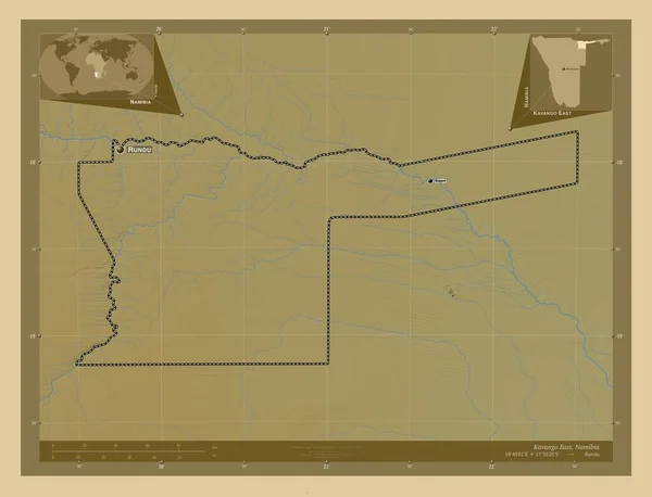 カバンゴ東部 ナミビアの地域 湖や川と色の標高マップ 地域の主要都市の位置と名前 コーナー補助位置図 — ストック写真