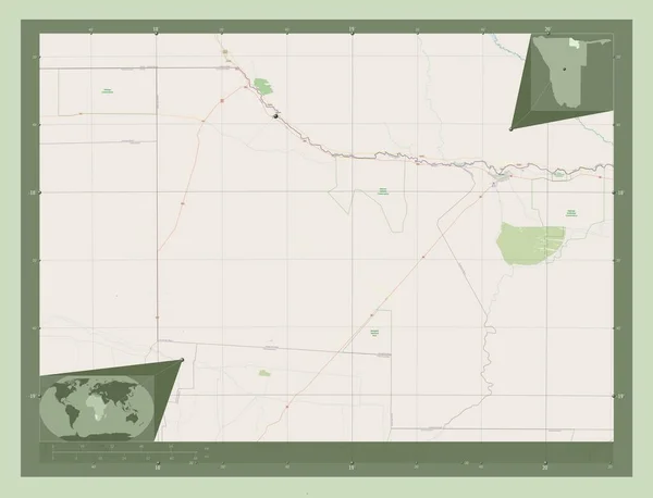カバンゴ西部 ナミビアの地域 ストリートマップを開く 地域の主要都市の場所 コーナー補助位置図 — ストック写真