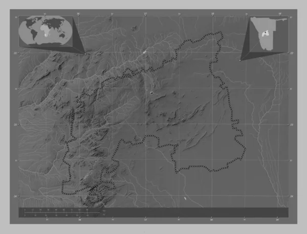 Khomas 纳米比亚地区 带有湖泊和河流的灰度高程图 角辅助位置图 — 图库照片
