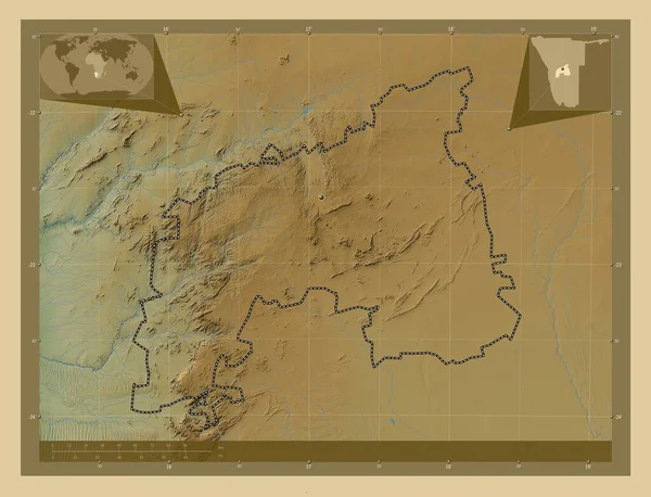 Khomas Περιφέρεια Ναμίμπια Χρωματιστός Υψομετρικός Χάρτης Λίμνες Και Ποτάμια Γωνιακοί — Φωτογραφία Αρχείου