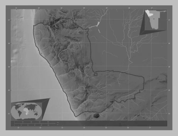 Kunene Regio Namibië Grayscale Hoogte Kaart Met Meren Rivieren Hulplocatiekaarten — Stockfoto