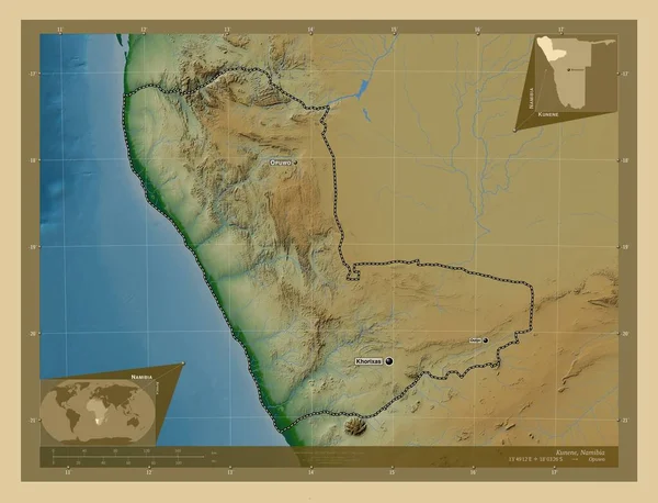Кунене Регион Намибии Цветная Карта Высоты Озерами Реками Места Названия — стоковое фото