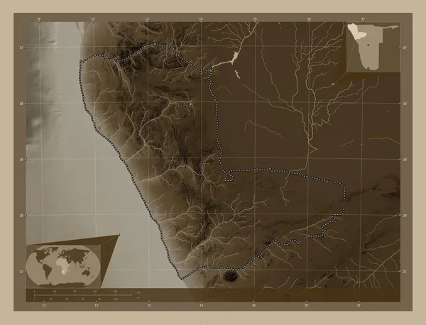 Кунене Регион Намибии Карта Высоты Окрашенная Сепиевые Тона Озерами Реками — стоковое фото