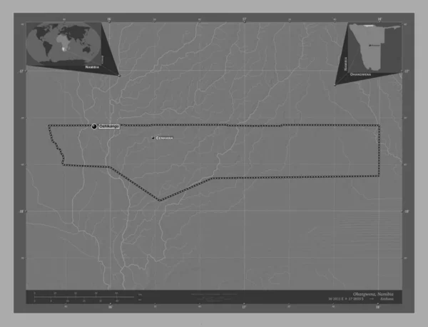 ナミビアのオアンゲナ県 湖や川と二階の標高マップ 地域の主要都市の位置と名前 コーナー補助位置図 — ストック写真