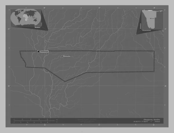 Ohangwena Region Namibia Grayscale Elevation Map Lakes Rivers Locations Names — Stock Photo, Image