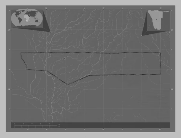 ナミビアのオアンゲナ県 湖や川とグレースケールの標高マップ コーナー補助位置図 — ストック写真