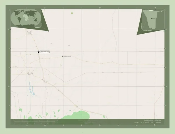 Ohangwena 纳米比亚地区 开放街道地图 该区域主要城市的地点和名称 角辅助位置图 — 图库照片