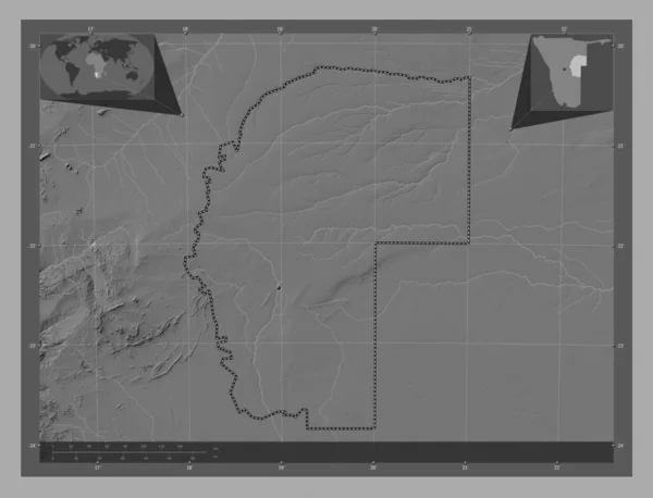 ナミビアの地域 オメヘケ 湖や川と二階の標高マップ コーナー補助位置図 — ストック写真