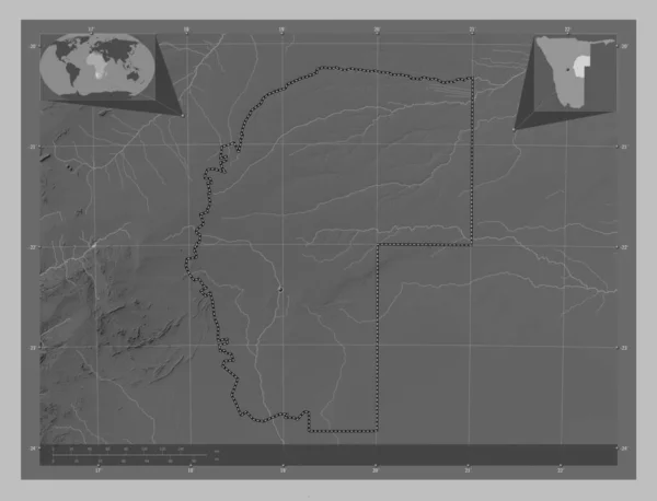Omaheke 纳米比亚地区 带有湖泊和河流的灰度高程图 角辅助位置图 — 图库照片