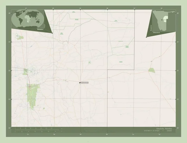 ナミビアの地域 オメヘケ ストリートマップを開く 地域の主要都市の位置と名前 コーナー補助位置図 — ストック写真