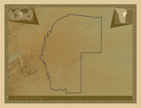 Омахеке Регион Намибии Цветная Карта Высоты Озерами Реками Места Расположения — стоковое фото