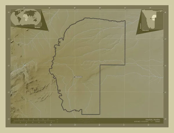 Омахеке Регион Намибии Карта Высоты Окрашенная Вики Стиле Озерами Реками — стоковое фото