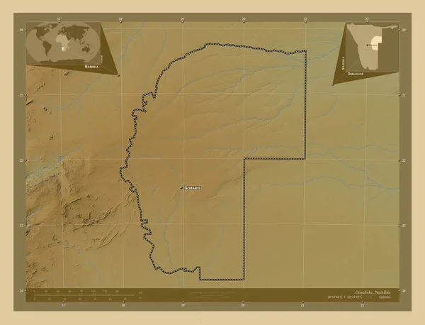 Omaheke Région Namibie Carte Altitude Colorée Avec Lacs Rivières Emplacements — Photo