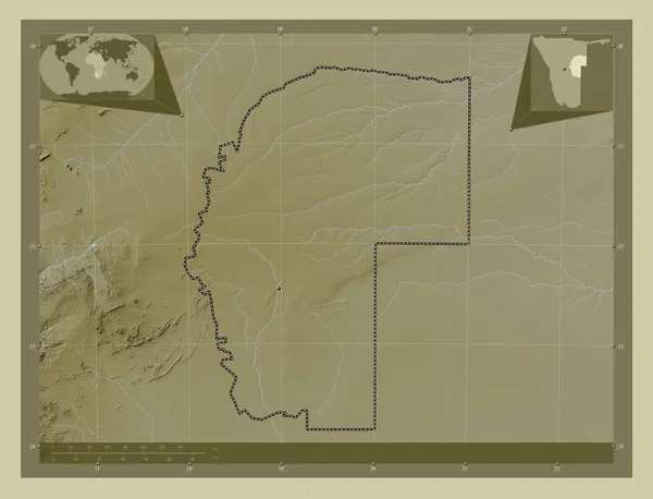 Omaheke 纳米比亚地区 用Wiki风格绘制的带有湖泊和河流的高程地图 该区域主要城市的所在地点 角辅助位置图 — 图库照片
