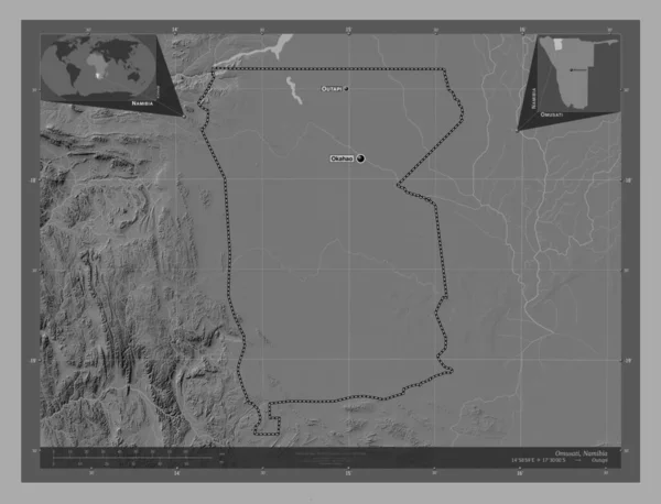 ナミビアの地域Omusati 湖や川と二階の標高マップ 地域の主要都市の位置と名前 コーナー補助位置図 — ストック写真