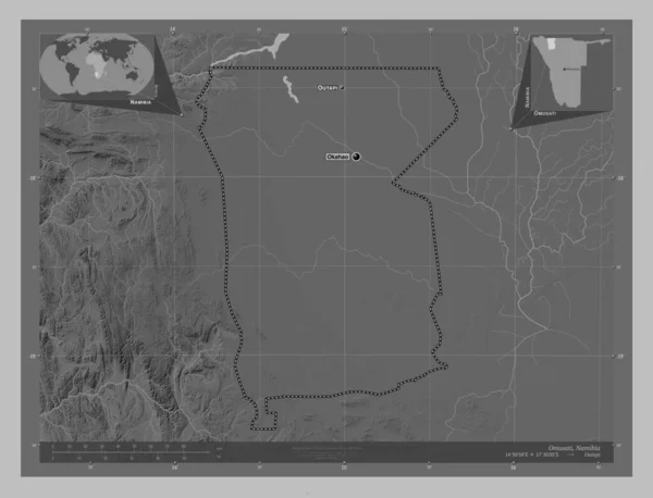 ナミビアの地域Omusati 湖や川とグレースケールの標高マップ 地域の主要都市の位置と名前 コーナー補助位置図 — ストック写真