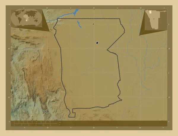 ナミビアの地域Omusati 湖や川と色の標高マップ 地域の主要都市の場所 コーナー補助位置図 — ストック写真