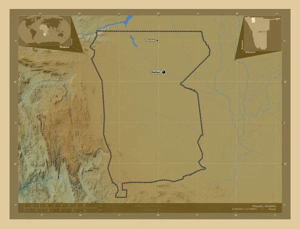 ナミビアの地域Omusati 湖や川と色の標高マップ 地域の主要都市の位置と名前 コーナー補助位置図 — ストック写真