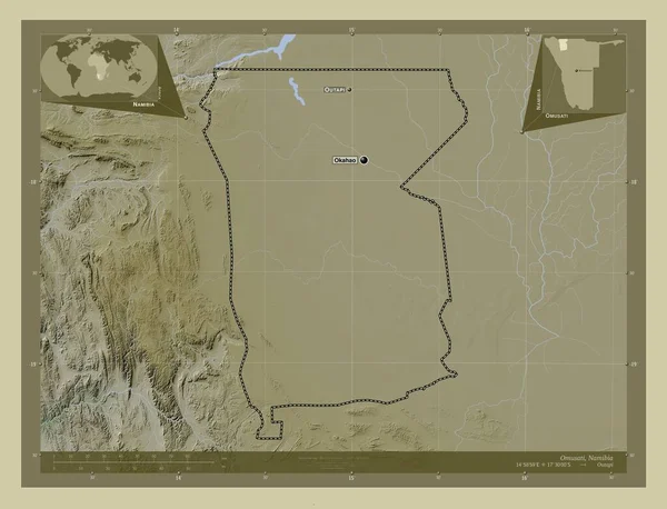Омусати Регион Намибии Карта Высоты Окрашенная Вики Стиле Озерами Реками — стоковое фото
