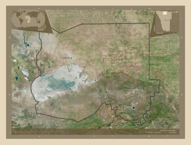 Oshikoto, Namibya bölgesi. Yüksek çözünürlüklü uydu. Bölgenin büyük şehirlerinin yerleri ve isimleri. Köşedeki yedek konum haritaları