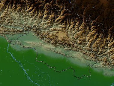 Nepal 'in merkez, gelişim bölgesi. Gölleri ve nehirleri olan renkli yükseklik haritası