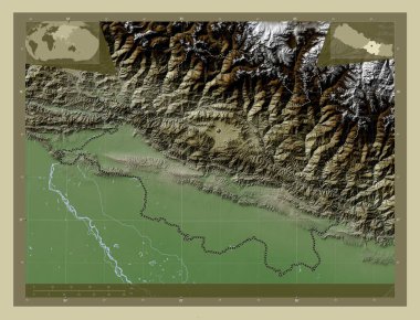 Nepal 'in merkez, gelişim bölgesi. Yükseklik haritası göller ve nehirlerle wiki tarzında renklendirilmiş. Köşedeki yedek konum haritaları