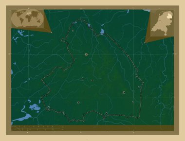 Drenthe, Hollanda vilayeti. Gölleri ve nehirleri olan renkli yükseklik haritası. Bölgenin büyük şehirlerinin yerleri. Köşedeki yedek konum haritaları